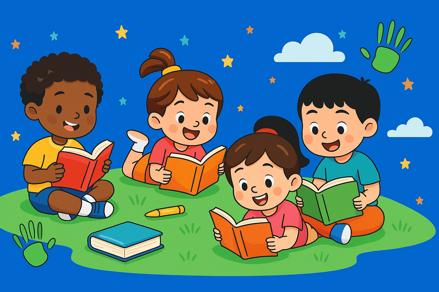 Happy children reading together - Join our Reading Royals family